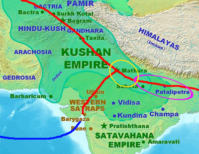 the territory of Kushan Empire is dark green part, the 1-３ century